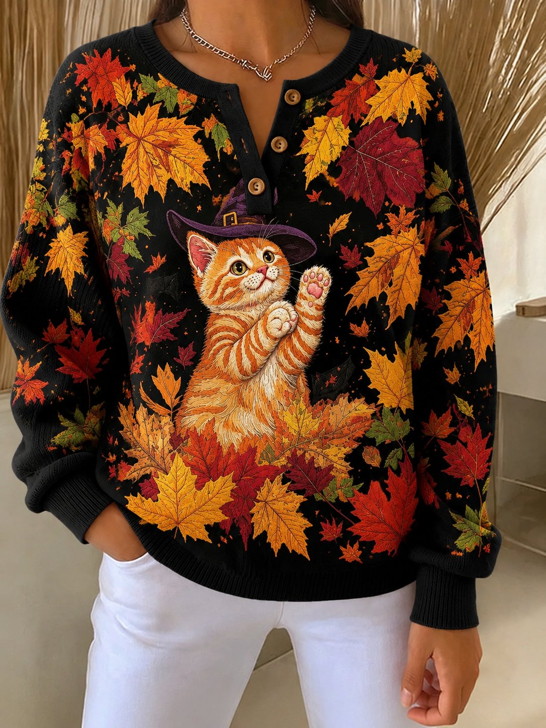 Women's Casual Print Button-Up Collar Knit Top